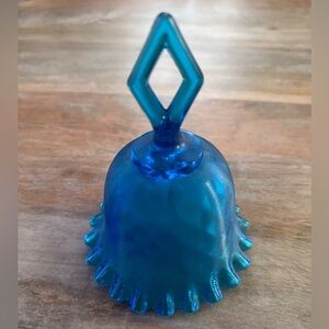 Vintage Fenton Blue Glass Bell 6” Ribbed Ruffled Edge Open Handle Diamond Optic
